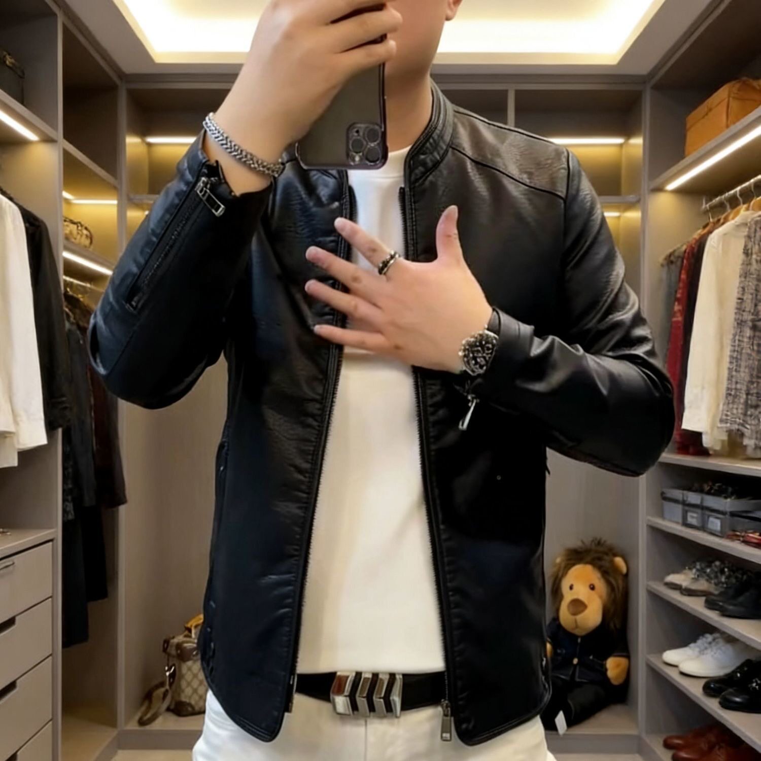 【现货】8012早春爆款时尚百休闲外套男士皮衣皮夹克百搭款水洗皮