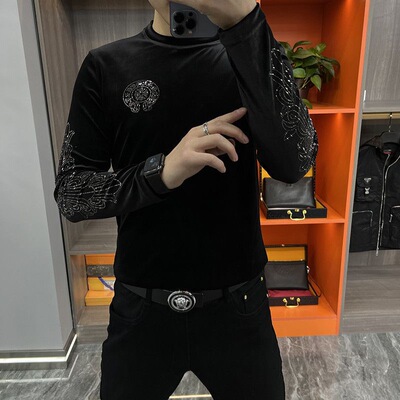 【现货】3910春季新品男士小衫内搭薄绒金丝绒高品质T恤烫钻长袖