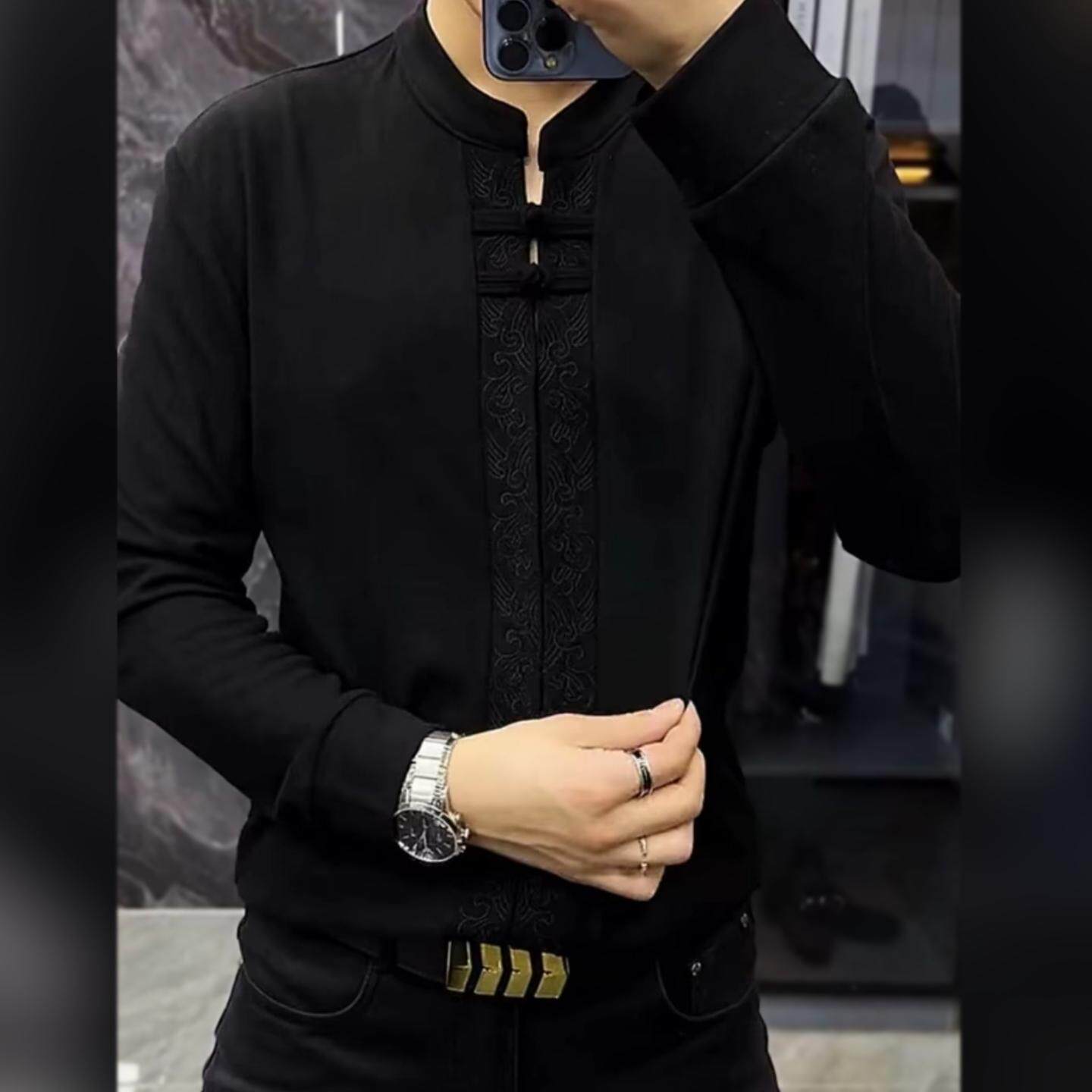 23288男士秋季新品盘扣唐装小衫修身弹力欧货中国风T恤衫高品质