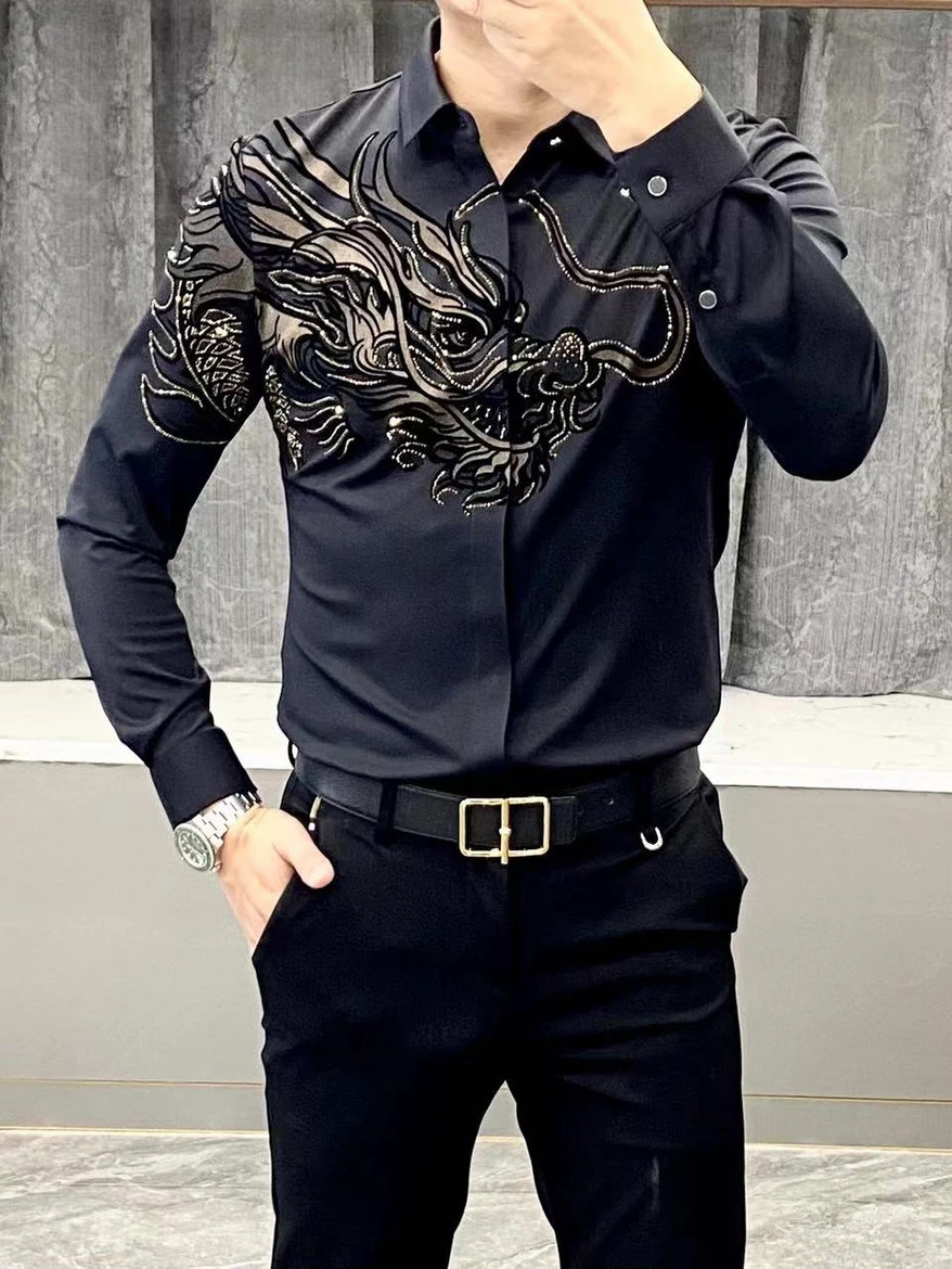 2024男士春季新品时尚衬衫轻奢欧货烫钻长袖翻领小衫修身弹力打底