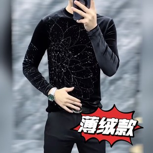 3912男士春季新品金丝绒烫钻小杉百搭时尚弹力欧货打底衫保暖T恤