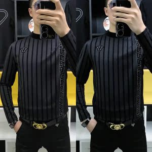 2023男士冬季加绒寸领小衫植绒印花休闲黑色长袖T恤新品时尚舒适