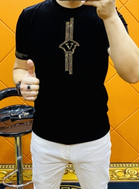 W668男士春季金丝绒烫钻短袖时尚新品帅气圆领欧货潮流T恤休闲