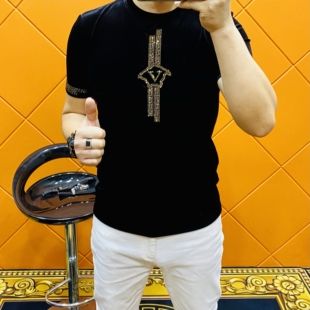 时尚 W668男士 春季 金丝绒烫钻短袖 帅气圆领欧货潮流T恤休闲 新品