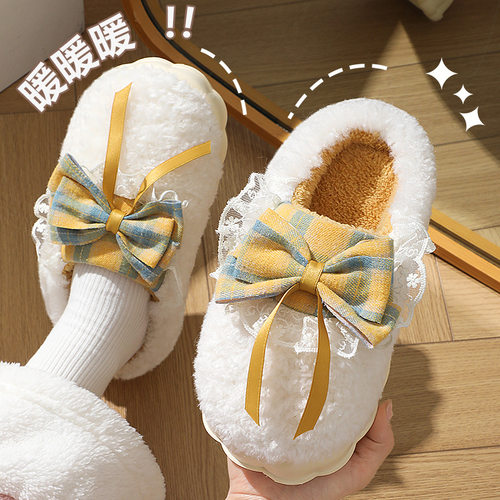 蝴蝶结棉拖鞋女款2026新款秋冬季室内家居可爱毛绒厚底家用棉拖女