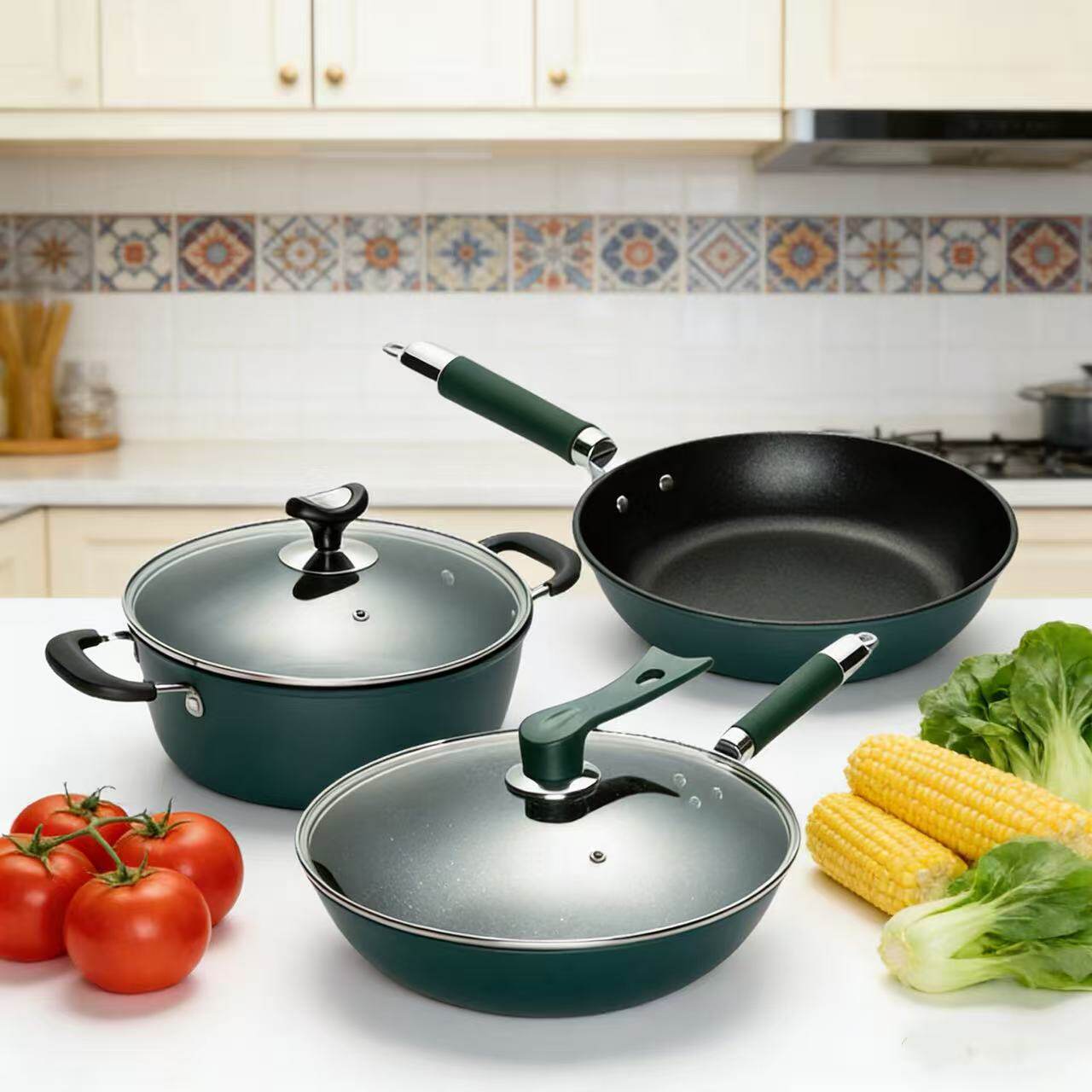 跨境炒锅不粘锅家用燃气灶通用三件套炒菜锅煎锅汤锅套装平底锅