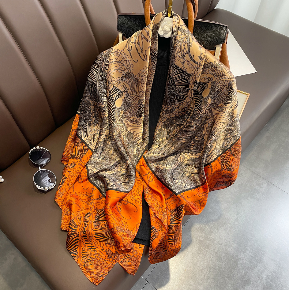 2024欧美经典花色名媛气质丝巾女潮流百搭仿真丝丝巾领巾90方巾