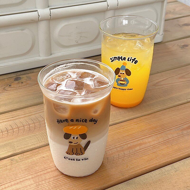 新品玻璃杯简约卡通呆萌小狗果汁杯早餐咖啡冷萃耐高温牛奶杯家用