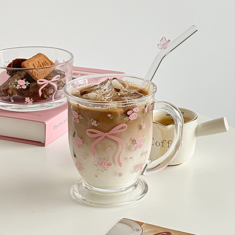 少女心粉色蝴蝶结甜品碗碎花大容量玻璃水杯奶茶果汁杯家用套装