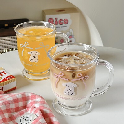 粉粉的蝴蝶结太好看啦女生水杯早餐果汁水杯家用玻璃把手杯牛奶杯