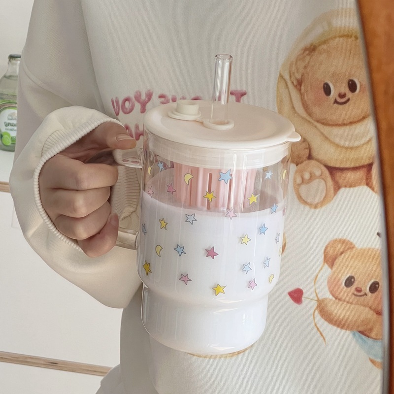 大容量满天星星玻璃吸管杯女生高颜值茶水分离牛奶杯办公室果茶杯