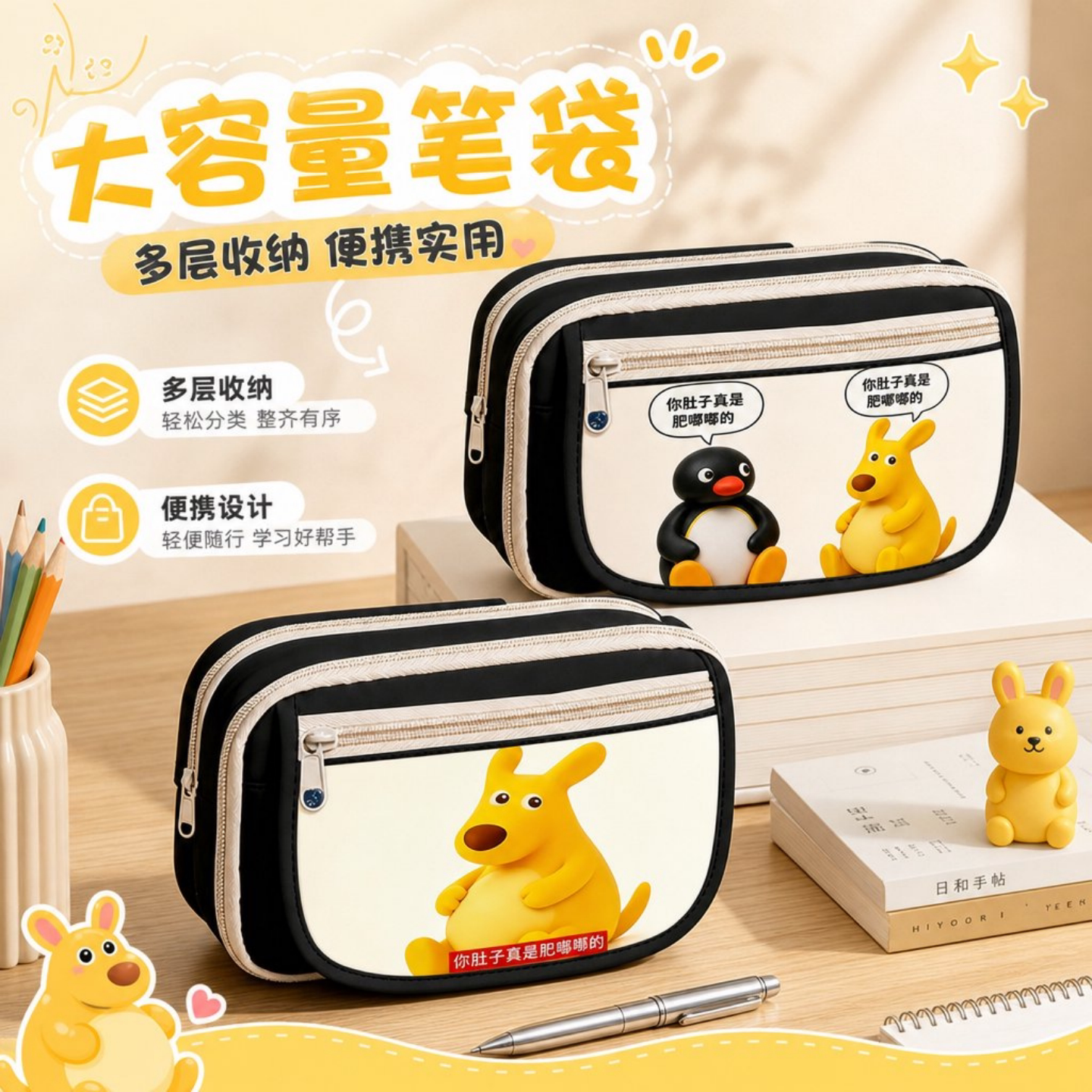 卡通袋鼠多层大容量学生笔袋