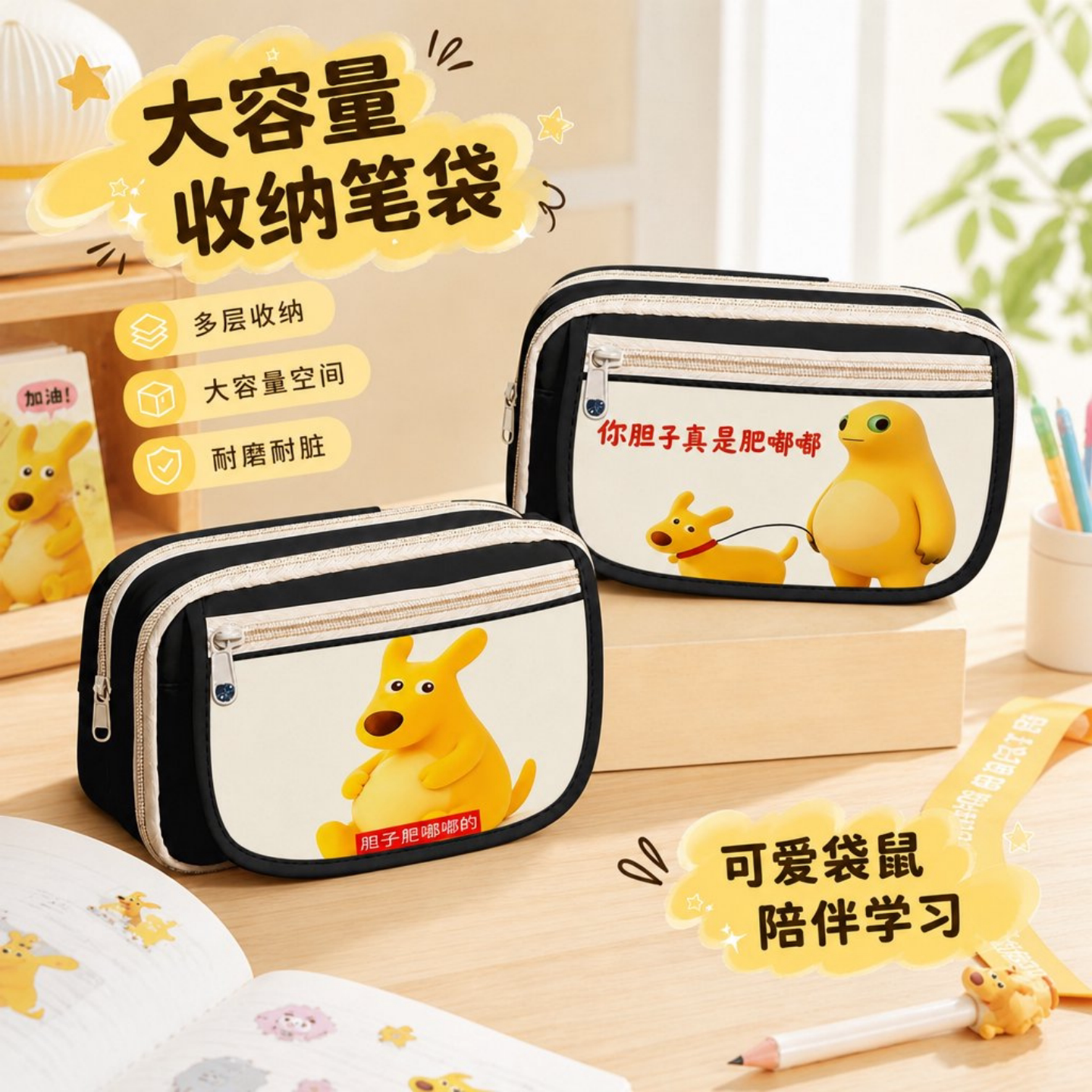 卡通袋鼠多层大容量学生笔袋