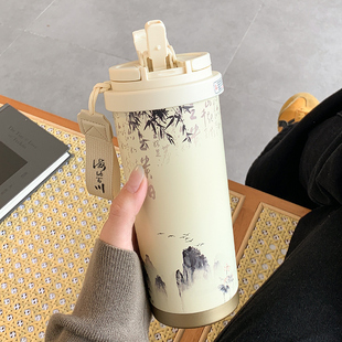 保温杯女2025新款 新中式 高颜值带吸管办公室咖啡杯子便携学生水杯