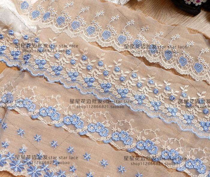 出口精致蓝色蕾丝刺绣网纱花边辅料布料 diy服装拼接装饰缝纫材料