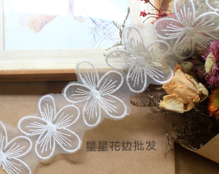 宽6cm热卖欧根纱花朵刺绣花边 手工DIY婚纱头饰童装缝纫材料lace
