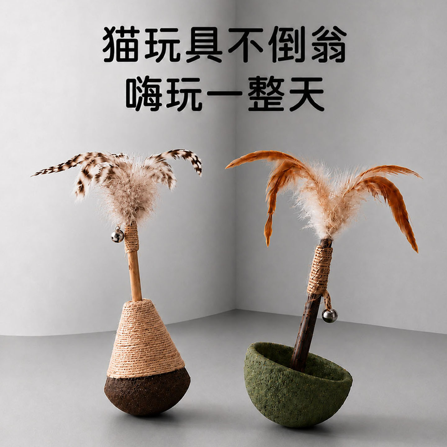 猫玩具麻绳木制不倒翁羽毛木天蓼外置铃铛猫咪自嗨解闷神器逗猫棒图片