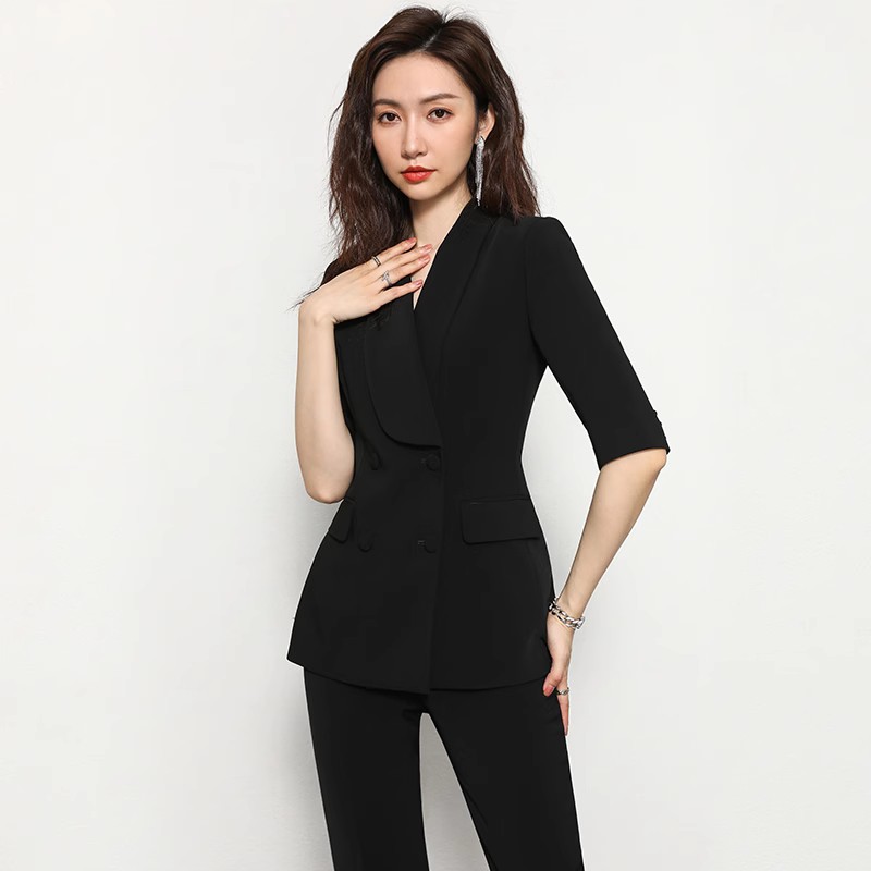 2025年春夏款半袖西装套装女轻奢外套黑色小西服正装售楼部工作服