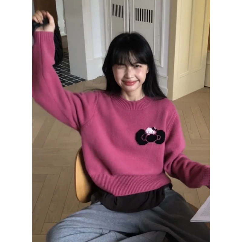 早秋韩系氛围感穿搭玫红色套头毛衣女秋冬季宽松慵懒风针织衫上衣