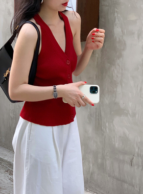 红色V领冰丝针织吊带背心女夏外穿2025新款修身短款无袖开衫上衣