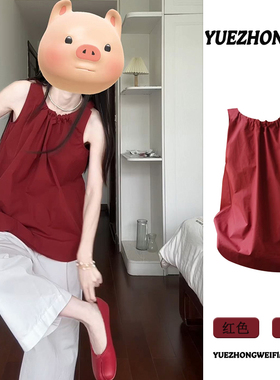 红色无袖吊带背心女夏季外穿法式独特超好看宽松减龄娃娃衫小上衣