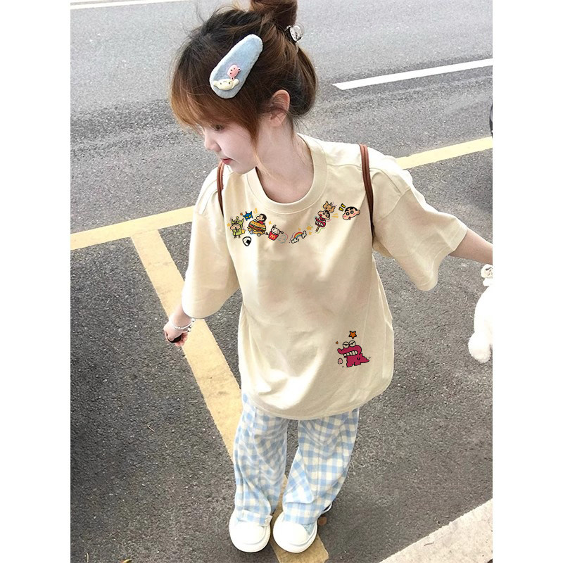 夏季新款蜡笔小新印花宽松短袖T恤女慵懒风百搭杏色半袖上衣创意