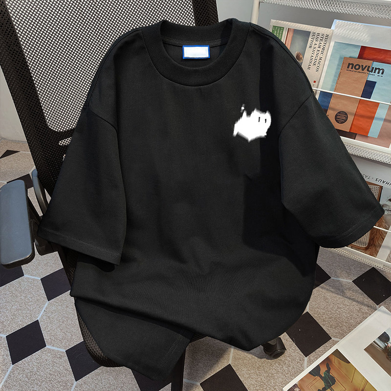 夏季新款猫咪印花宽松纯棉短袖T恤女百搭设计感黑色半袖显瘦小众