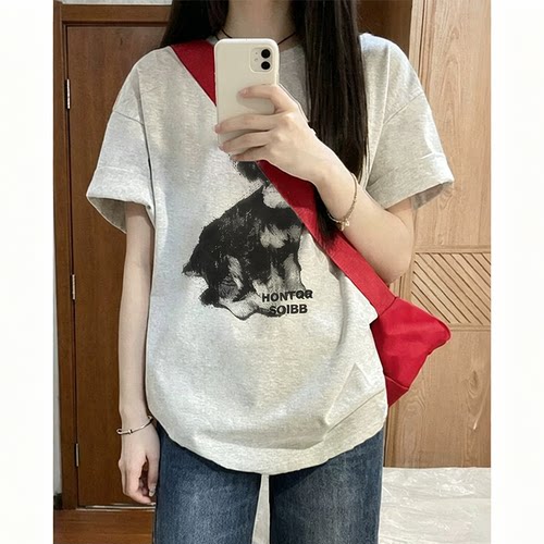 夏季新款设计感印花宽松纯棉短袖T恤女百搭休闲半袖显瘦潮流上衣