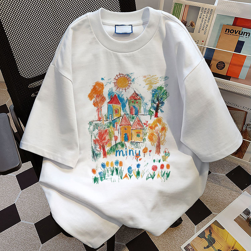 夏季卡通印花短袖T恤女纯棉宽松慵懒风白色圆领上衣休闲女装小众