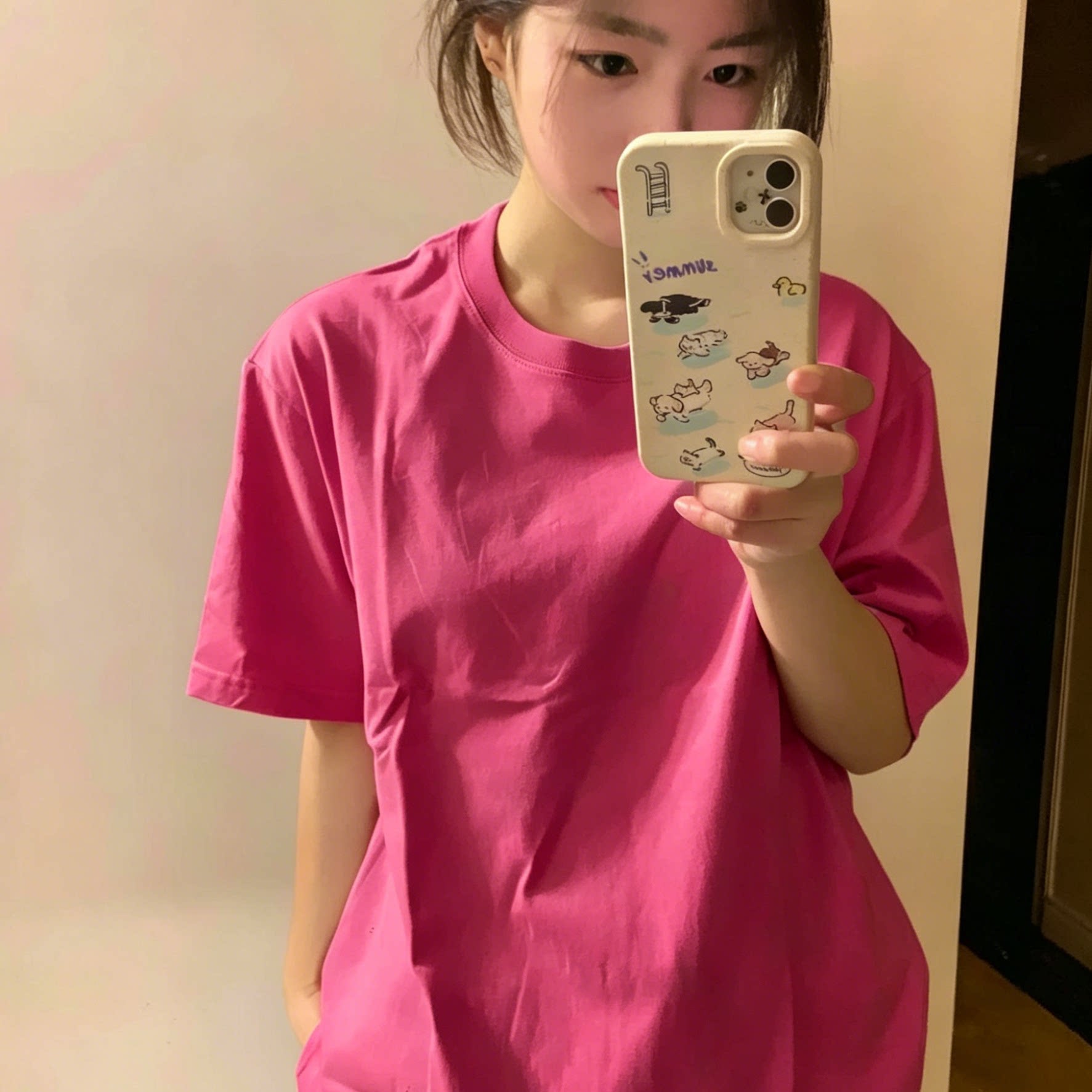夏季新款宽松火龙果色纯棉短袖T恤女显瘦百搭小众ins风半袖上衣潮