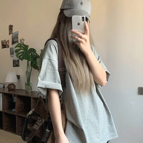 夏季新款简约风灰色短袖T恤女宽松圆领显瘦百搭纯棉半袖上衣休闲