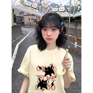 美式潮流夏季新款宽杏色纯棉短袖猫咪印花T恤女显瘦半袖潮牌上衣