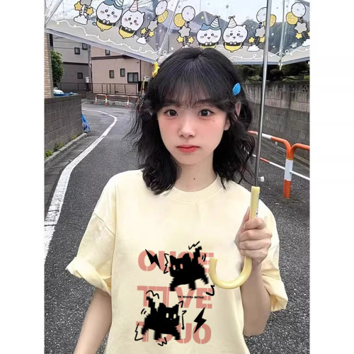 美式潮流夏季新款宽杏色纯棉短袖猫咪印花T恤女显瘦半袖潮牌上衣