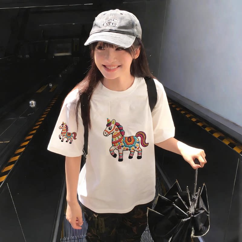 夏季新款宽松小马印花短袖白色纯棉T恤女百搭小众半袖韩版上衣ins