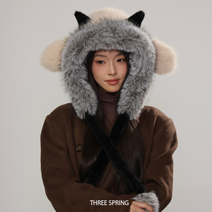 帽子女款2025年秋冬新款小羊角毛茸茸包头帽女毛球绑带加厚套头帽