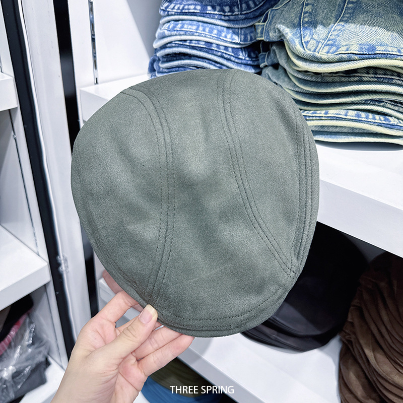 帽子女款2025年秋冬新款复古纯色麂皮绒前进帽女短檐大头围贝雷帽