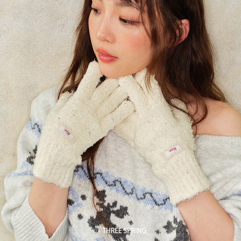 帽子女款2025年秋冬新款氛围感亮片针织手套百搭户外骑行五指手套