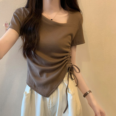 大码女装遮肚子不规则抽绳短袖T恤女夏季胖妹妹修身显瘦短款上衣