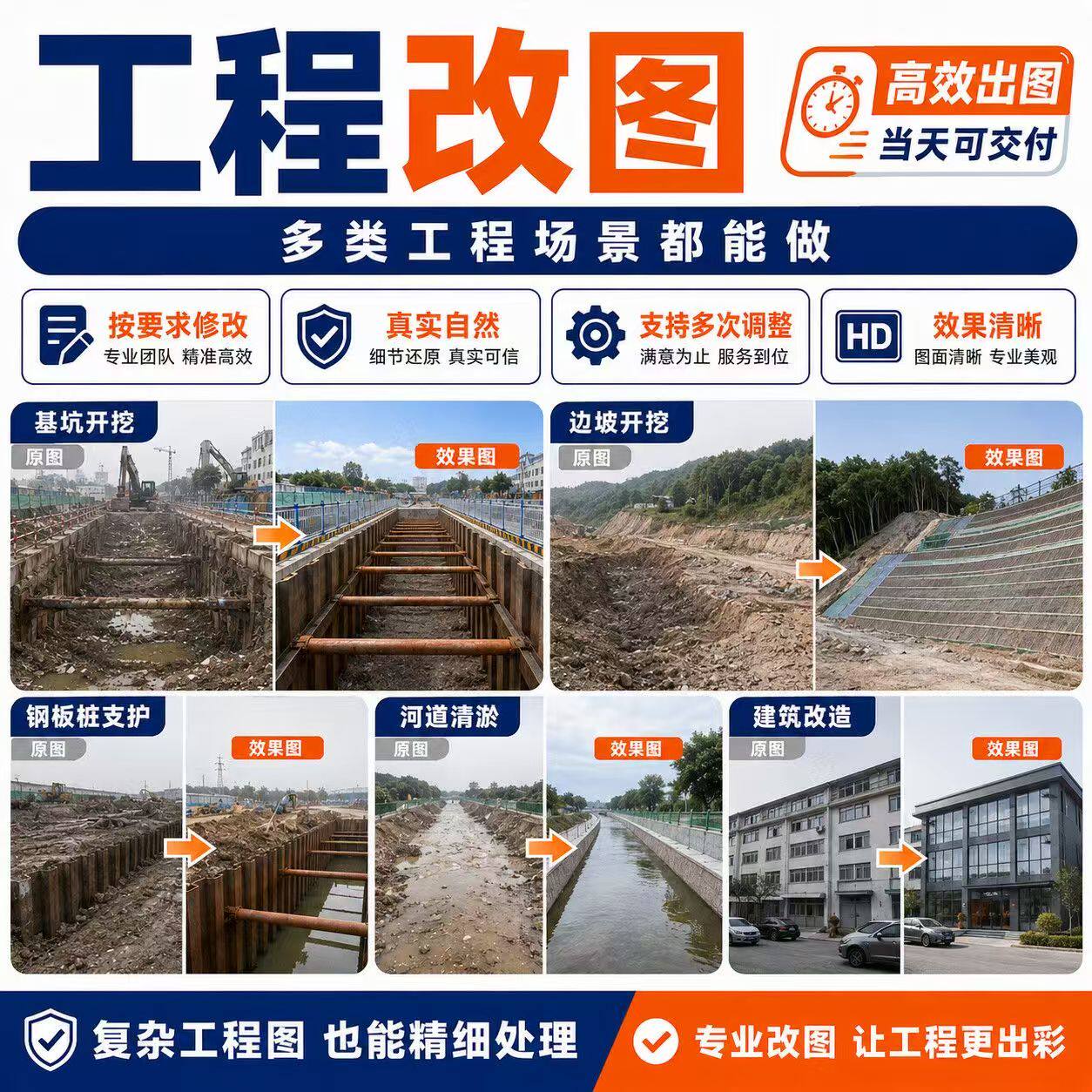 工程修图 p图施工 现场改图基坑沟槽钢板支护河道清淤建筑改造
