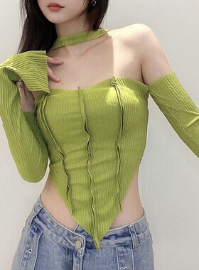Women's Halter Tube Top T-shirt 女装纯色挂脖抹胸修身性感T恤