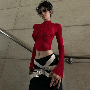 Fashionable Long Sleeve Lace Panel Top时尚长袖绑带拼接上衣女