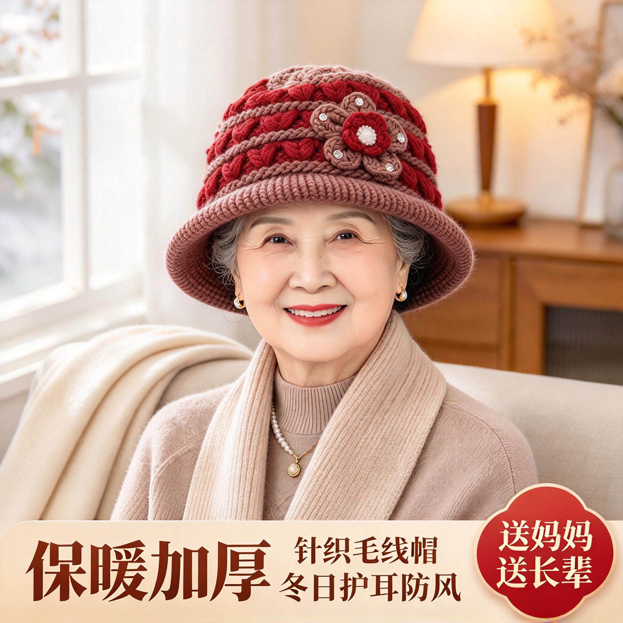 老人女士帽子秋冬季针织加绒加厚老太太送妈妈大帽檐保暖防寒室内