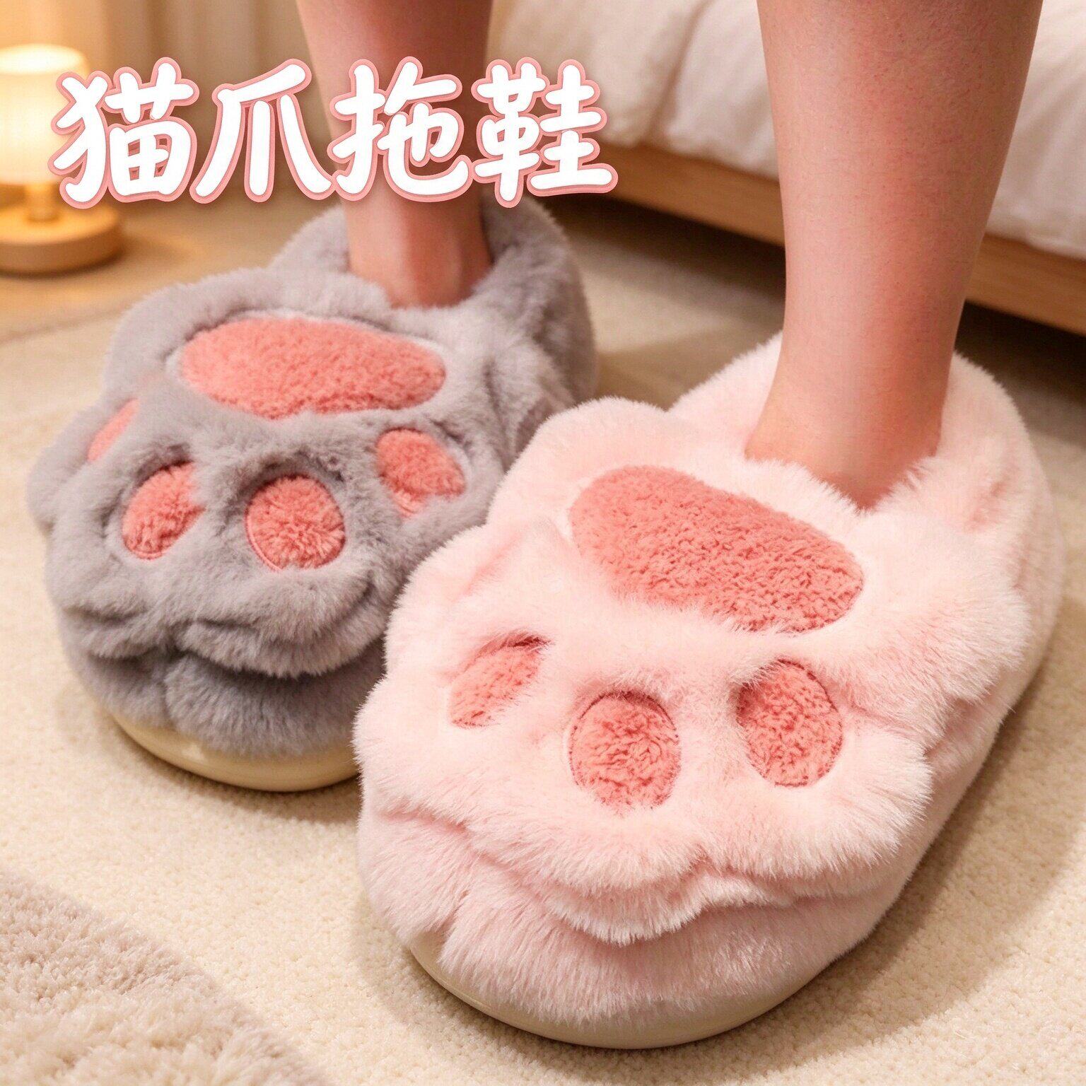 猫爪棉拖女冬季可爱毛绒爪子拖鞋居家室内厚底防滑少女心毛毛棉鞋