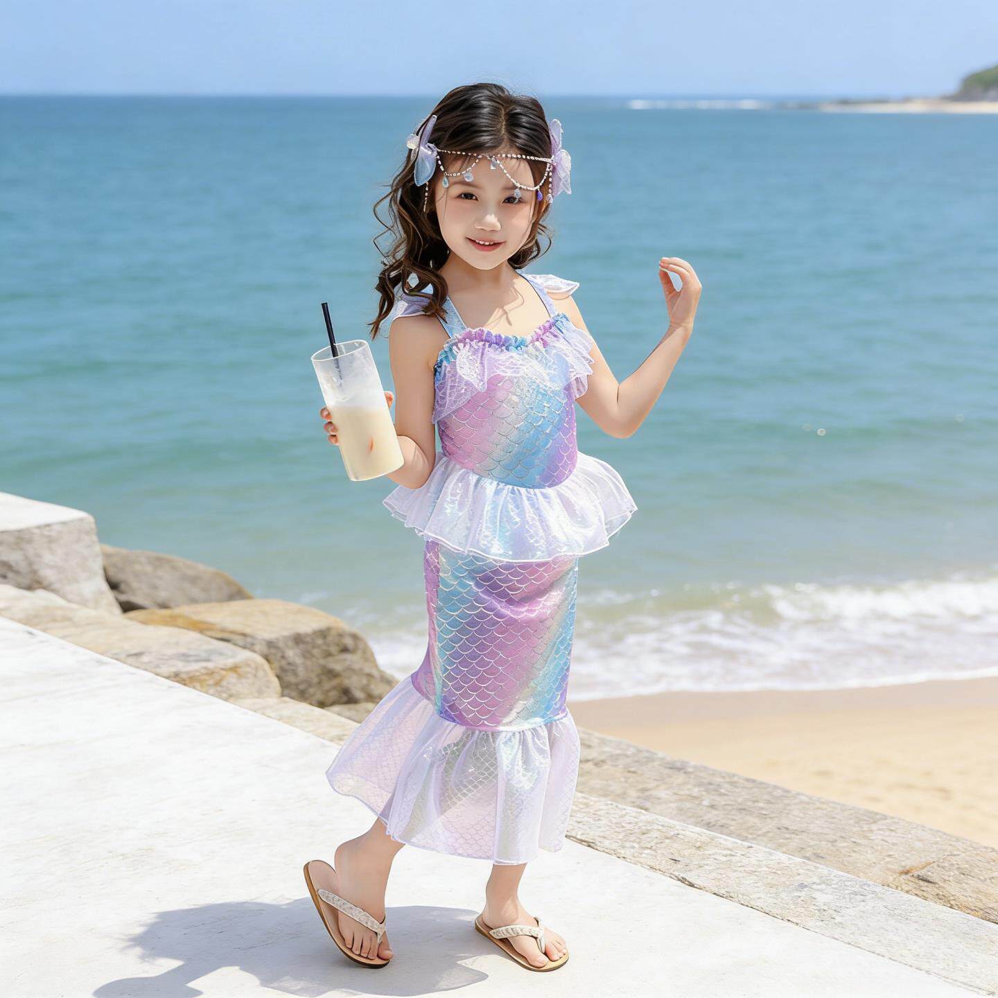 美人鱼泳衣女童夏季分体泳装套装公主风时尚洋气小女孩甜美高颜值