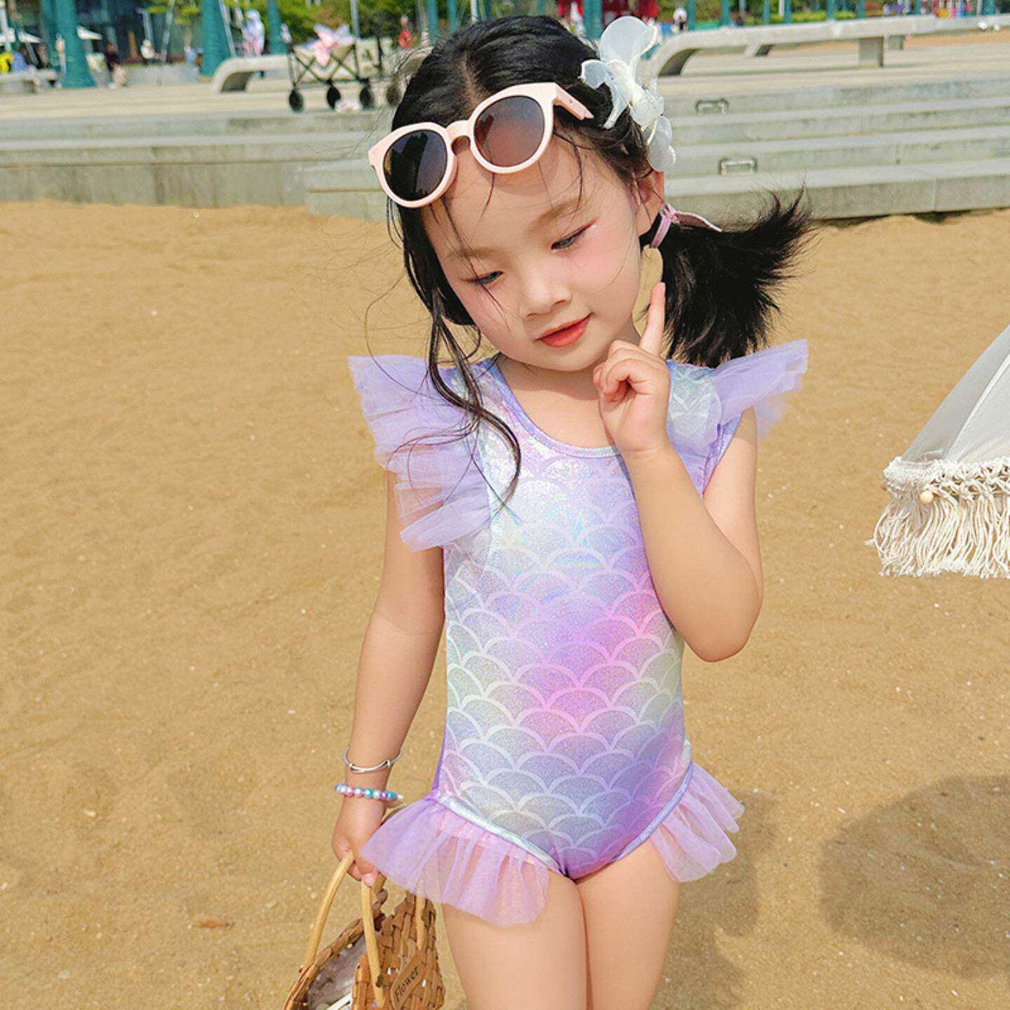 美人鱼泳衣女童2026新款连体高颜值时尚洋气炫彩泳装可爱甜美套装