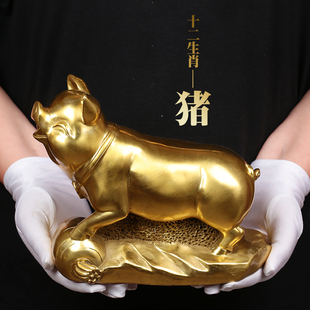 皇轩铜猪摆件纯黄铜金猪金猪生肖猪家居装 饰品办公室大小风水摆件