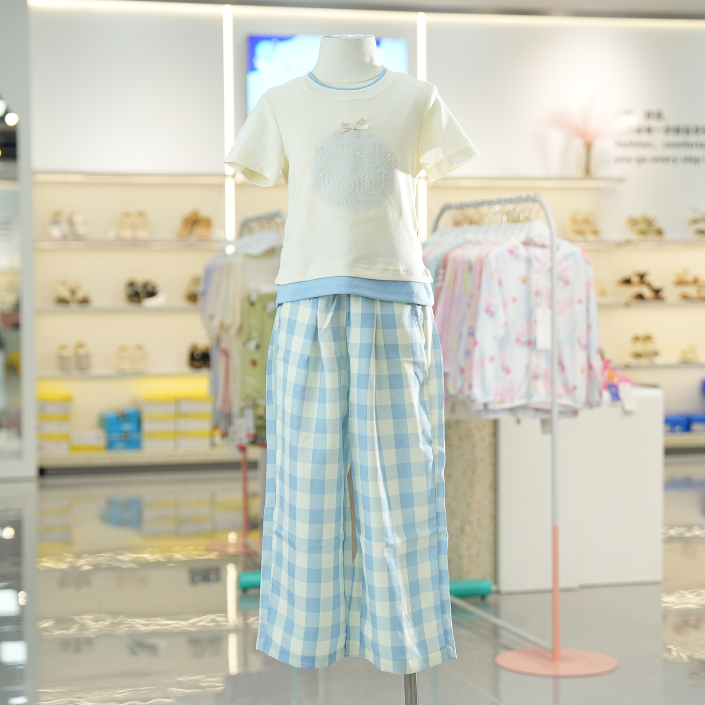 女童短袖格子长裤套装2025夏新款