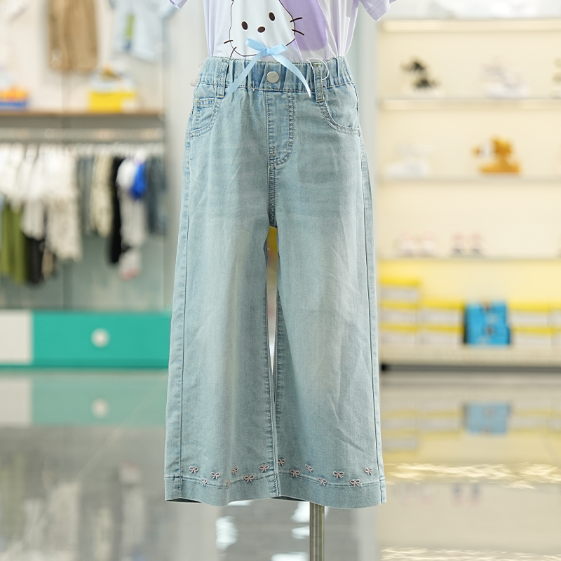 女童牛仔裤刺绣蝴蝶结阔腿长裤