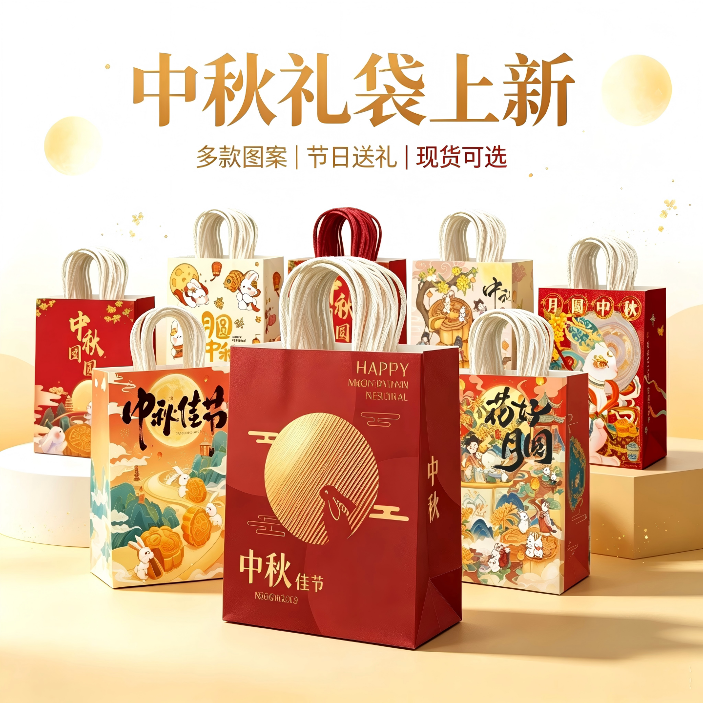 月饼包装袋中秋节手提袋礼品袋牛皮纸袋红色伴手礼纸袋定制印logo