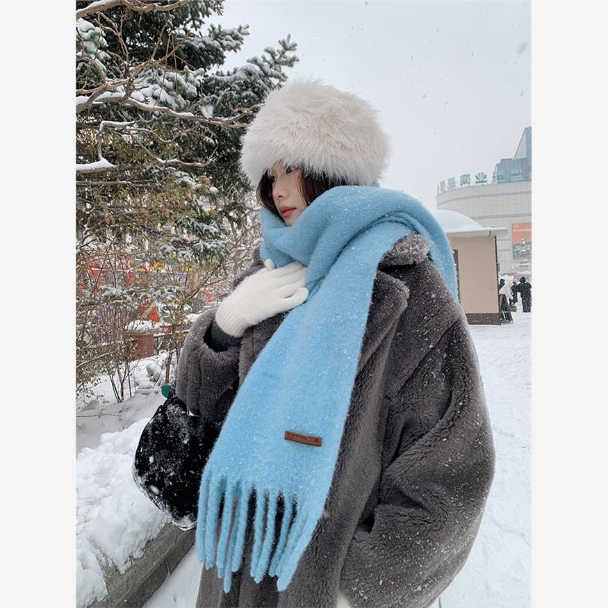 日本STELU冰岛海盐蓝色围巾女冬季高级感纯色新款韩版ins羊毛围脖